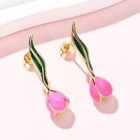 Boucles d'oreilles en émail de laiton, tulipe, dorées et rose perle — Bijoux fantaisie