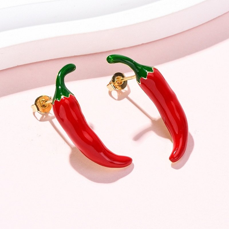 Brass Enamel Stud Earrings, Chili, Golden and Red — Costume Jewelry