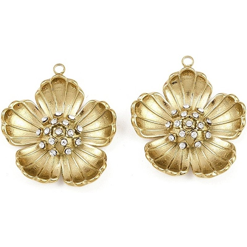 Pendentif en Acier Inoxydable 304, Fleur avec Strass, Plaqué Or 18K — Breloques et pendentifs