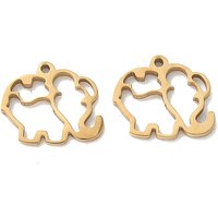 304 Stainless Steel Elephant Charms, Hollow, 18K Gold Plated