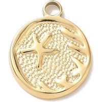 304 Stainless Steel Flat Round Pendants with Starfish Charms
