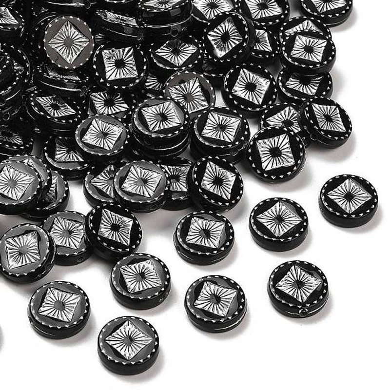 Opaque Acrylic Beads, Silver Metal Enlaced, Black, Flat Round — Jewelry Beads