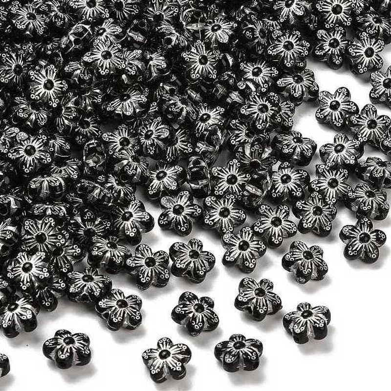 Opaque Acrylic Flower Beads, Black with Silver Metal Enlace, 185pcs — Jewelry Beads