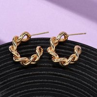 Brass C-Shaped Stud Earrings with Chain Charm, 18K Gold Plated — Costume Jewelry