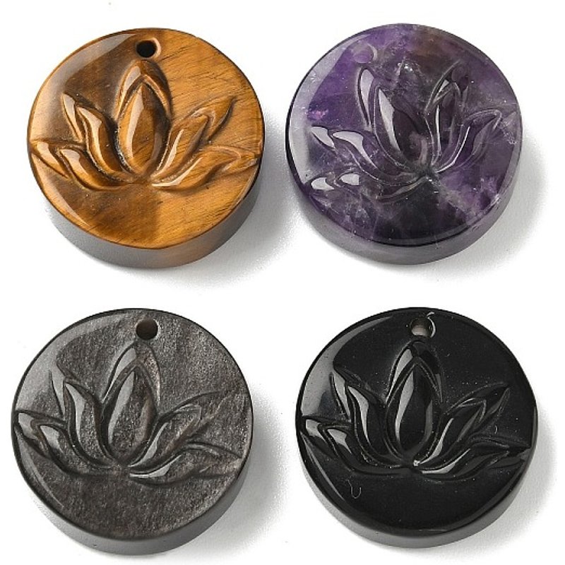 Pendants en Gemmes Naturelles Mélangées avec Charms de Fleur de Lotus Sculptée — Breloques et pendentifs
