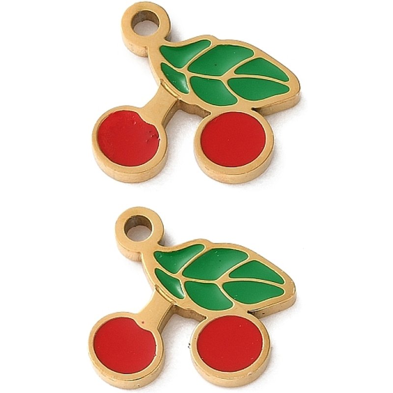 Charms en acier inoxydable 304 émaillés - Thème fruit cerise doré — Breloques et pendentifs