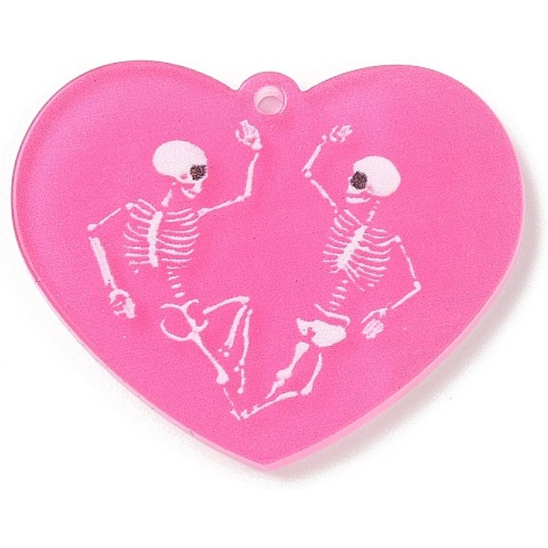 Halloween Acrylic Pendants, Heart with Skull Pattern, Hot Pink — Charms & Pendants