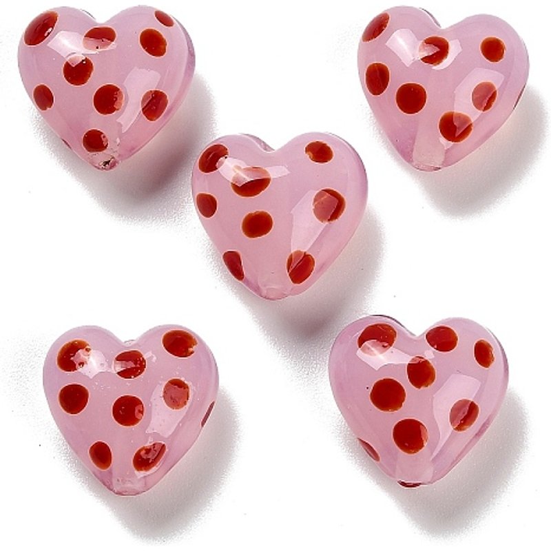 Perles en Émail Lampwork en Forme de Cœur avec Pois, Rose — Perles à bijoux