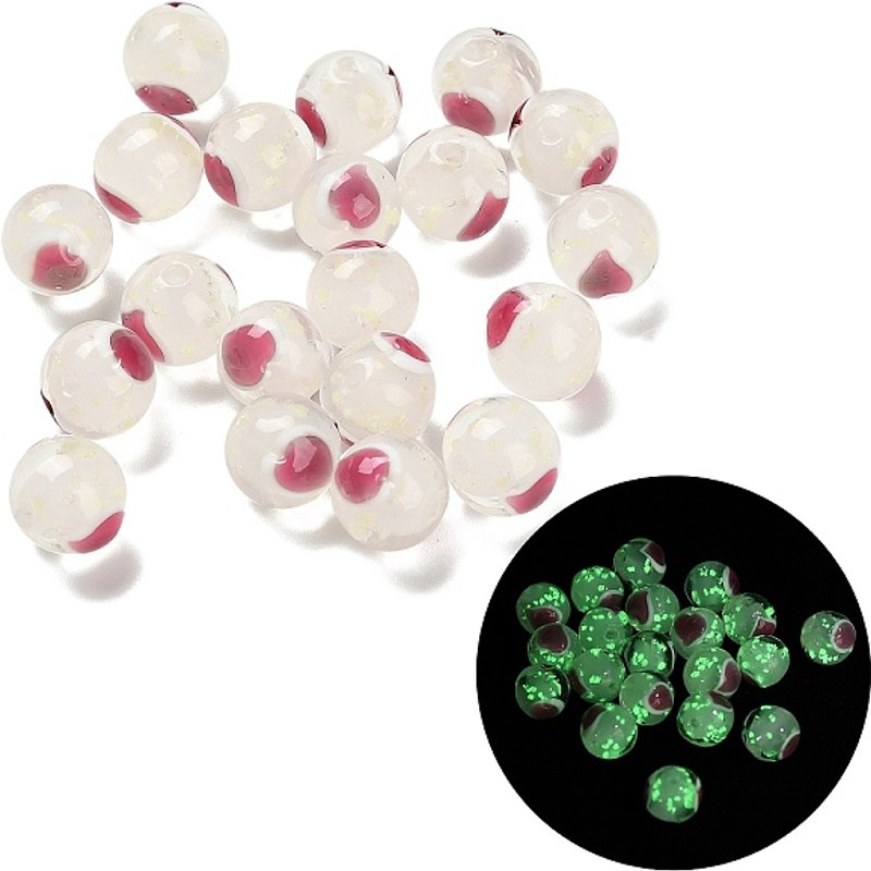 Perles en verre soufflé à la main, rondes avec cœur, luminescentes, blanches — Perles à bijoux
