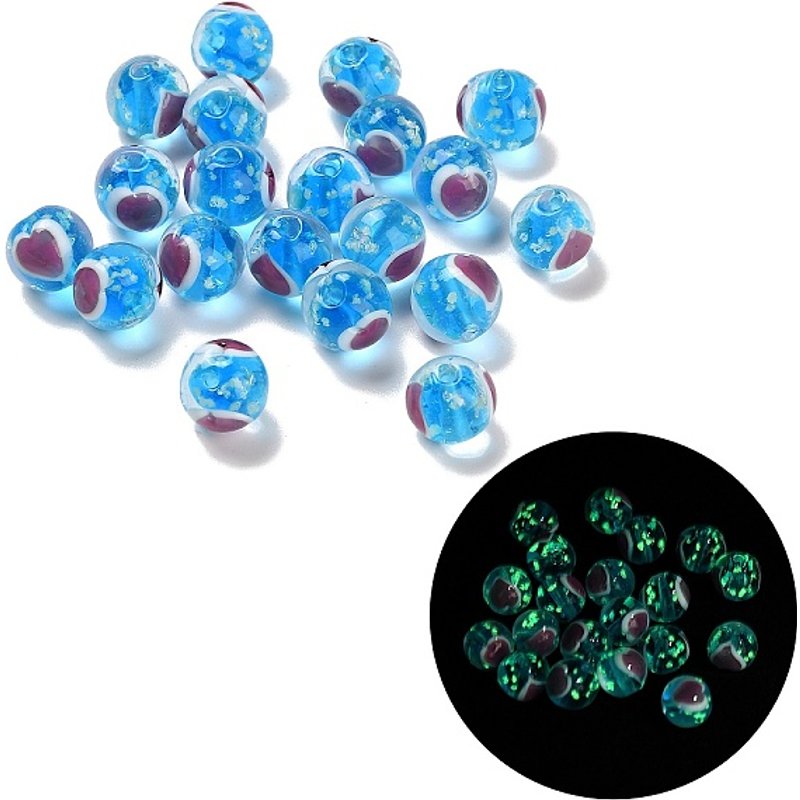 Handmade Lampwork Beads, Luminous Round Heart Beads, Blue — Jewelry Beads