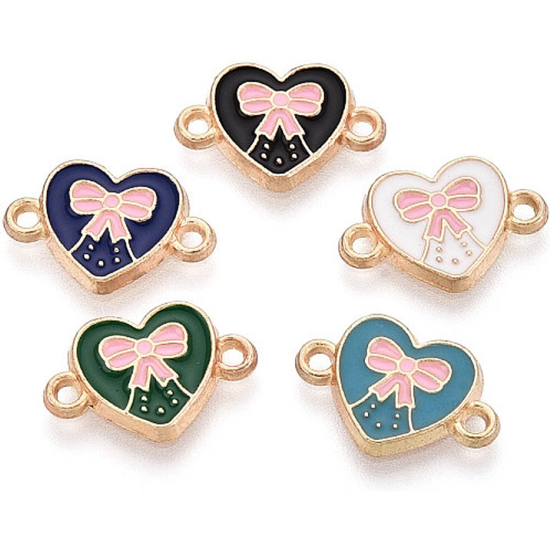 Alloy Enamel Heart Connector Charms with Bowknot Links — Jewelry Findings