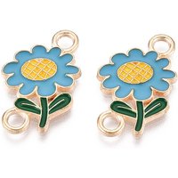 Alloy Enamel Flower Connector Charms, Light Gold & Deep Sky Blue — Jewelry Findings