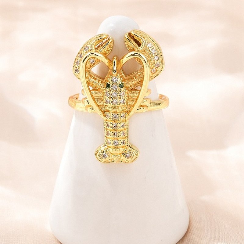 Brass Micro Pave Cubic Zirconia Cuff Ring, Golden, Shrimp — Costume Jewelry