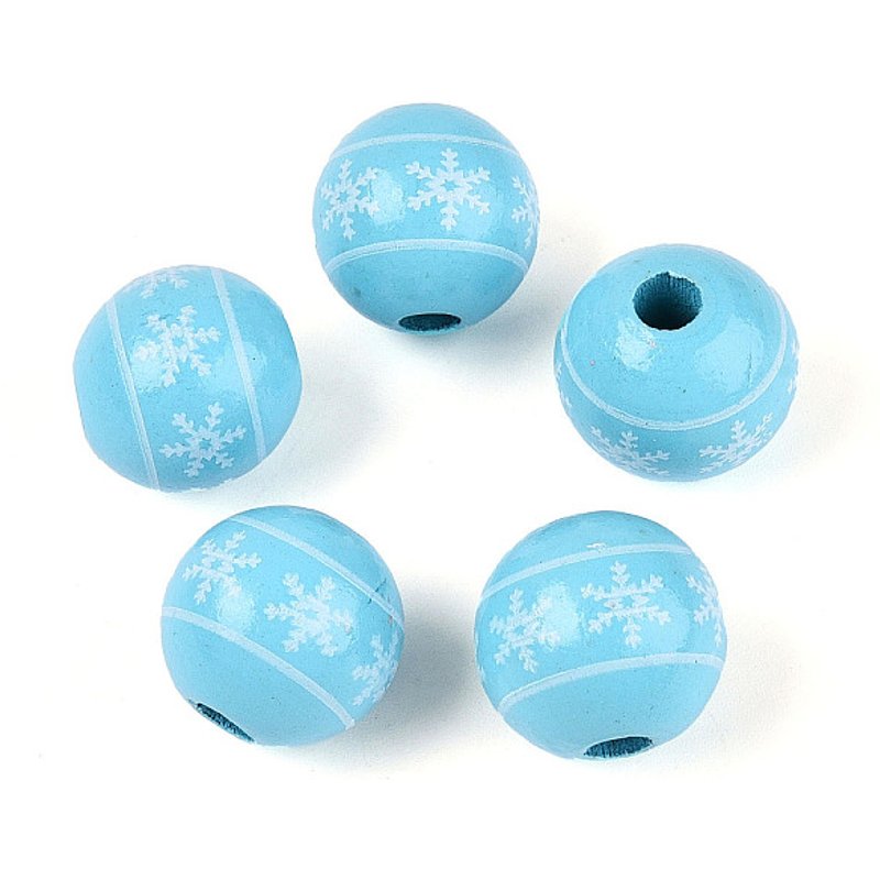 Perles en bois Schima avec motif de flocon, bleu ciel clair