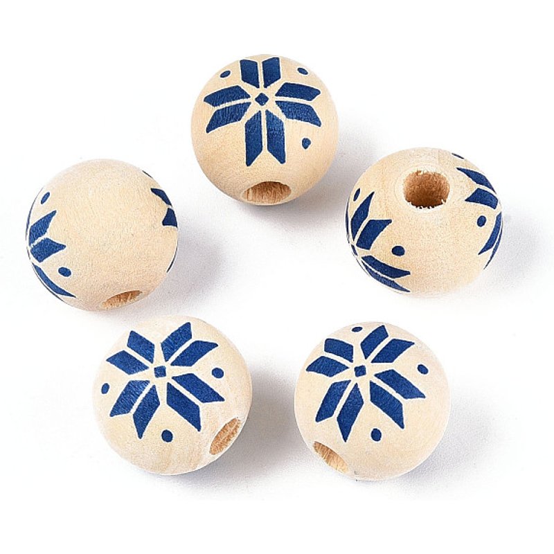Schima Wood Beads with Snowflake Pattern, Marine Blue, 15.5-16mm — Jewelry Beads