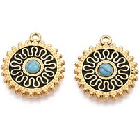 304 Stainless Steel and Natural Turquoise Flat Round Pendants