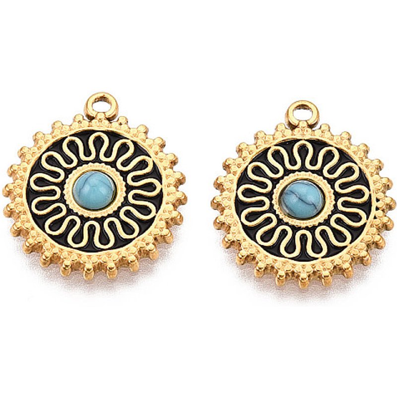 Pendants ronds plats en acier inoxydable 304 et turquoise naturelle — Breloques et pendentifs