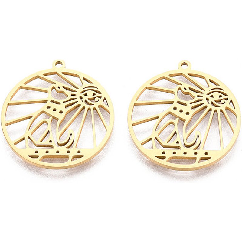 Pendentif creux en acier inoxydable 304 avec loup, doré, 26x24mm — Breloques et pendentifs