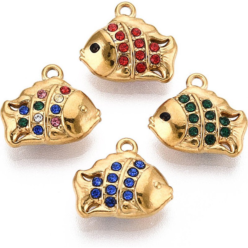 Ion Plating 304 Stainless Steel Fish Charm with Rhinestone — Charms & Pendants