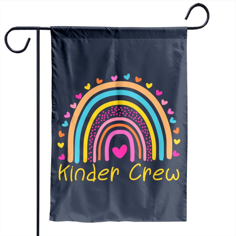 Kinder Crew Kindergarten Teacher Rainbow Heart Garden Flag — Decorative Flags