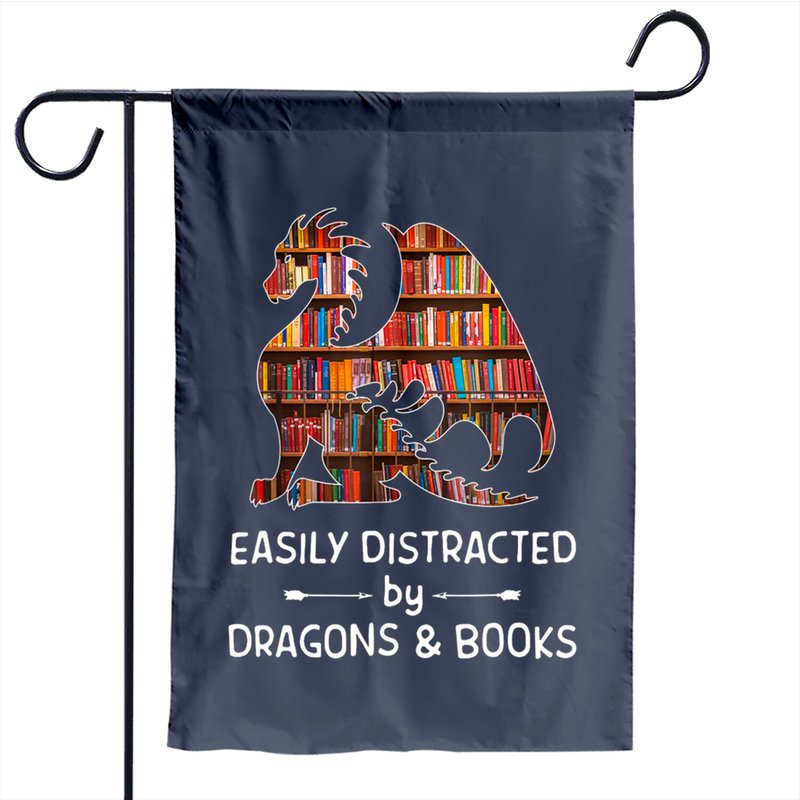 Easily Distracted By Dragon And Books Garden Flag