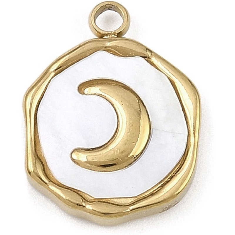 Natural White Shell Pendants with Moon Charms and Stainless Steel Settings — Charms & Pendants