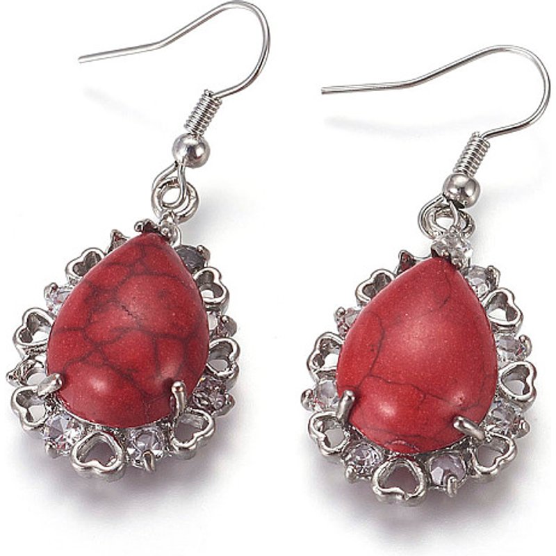 Synthetic Turquoise Dangle Earrings with Brass Findings and Rhinestones — Costume Jewelry