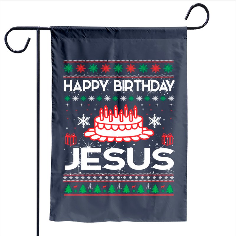 Happy Birthday Jesus Ugly Sweater Garden Flag — Decorative Flags