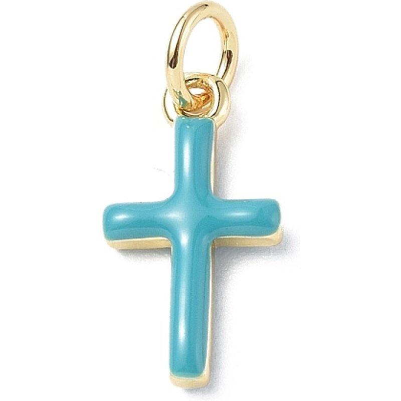 Pendentif Croix en Émail Turquoise Sombre Plaqué Or 18K avec Anneaux — Breloques et pendentifs