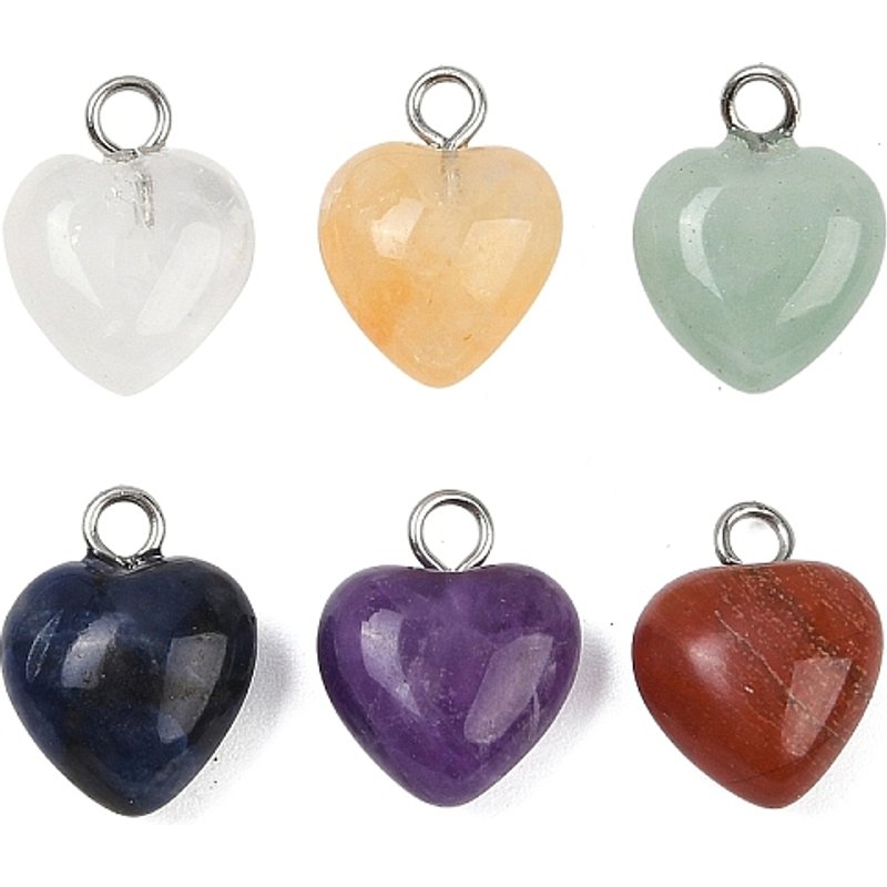 Natural Mixed Stone Heart Charms with Platinum Tone Brass Loops — Charms & Pendants