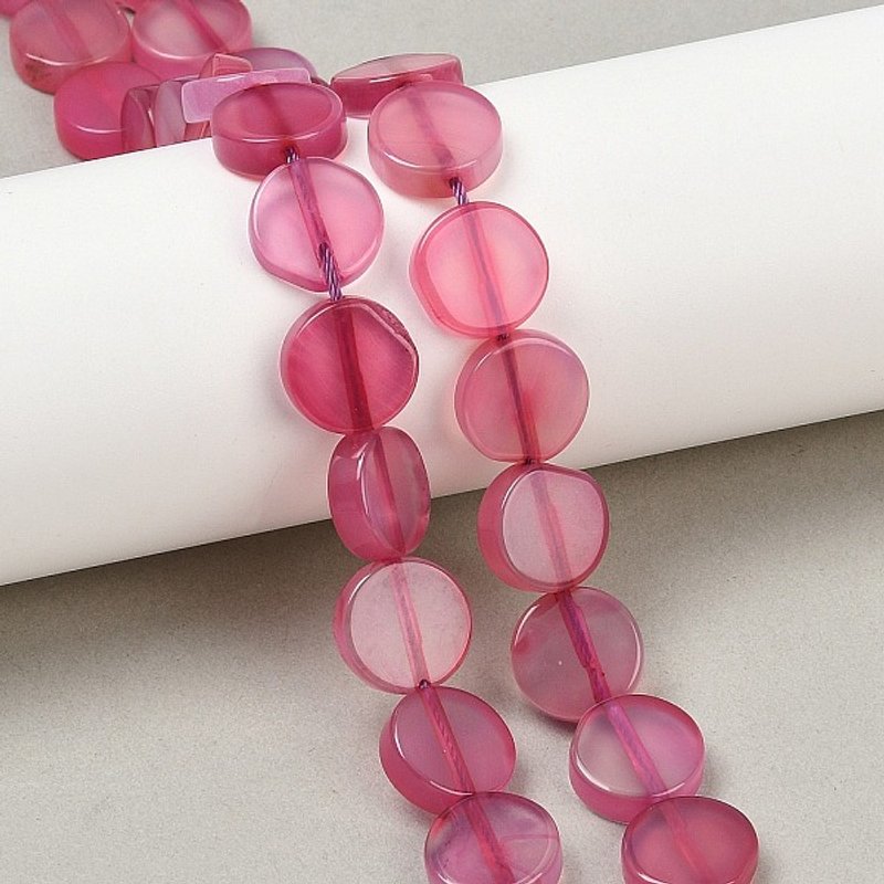 Natural Agate Beads Strands, Dyed, Flat Round, Hot Pink, 30pcs — Jewelry Beads