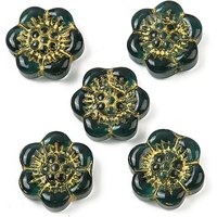 Baking Paint and Golden Metal Enlaced Glass Beads, Flower, Dark Green