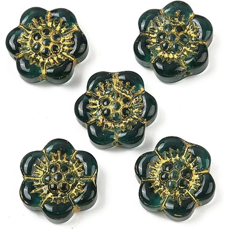 Perles en Verre Émaillées de Peinture à Cuisson et Métal Doré, Fleur, Vert Foncé — Perles à bijoux