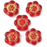 Perles en verre fleuries enrobées de peinture à cuisson et métal doré, rouges — Perles à bijoux