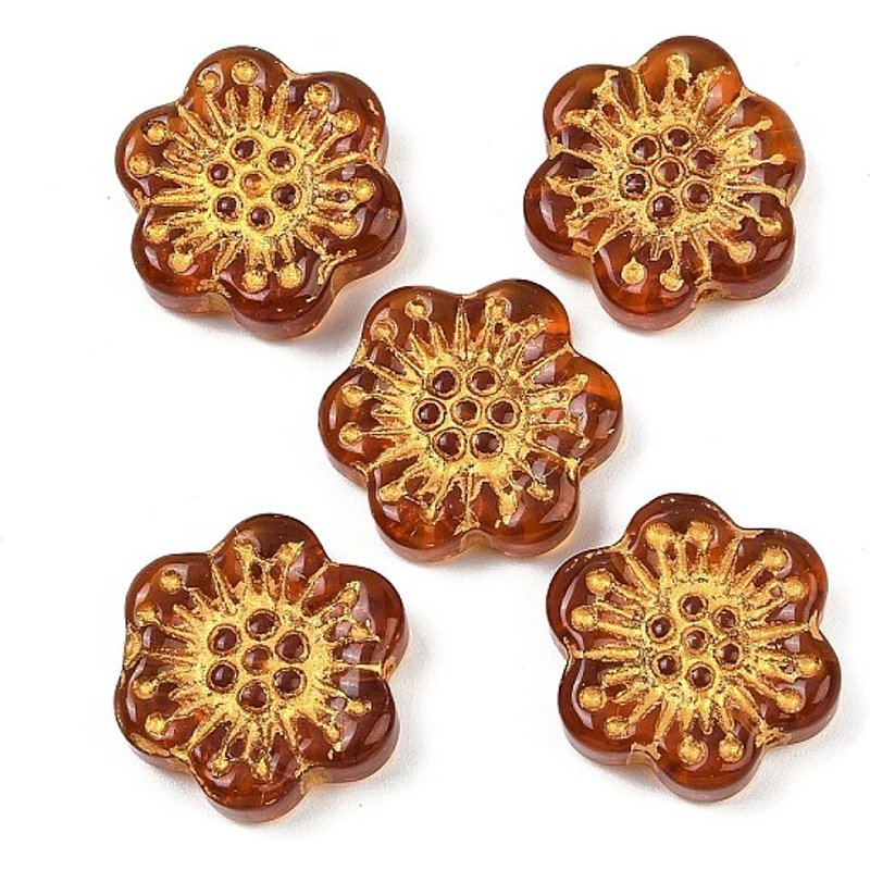 Perles en verre avec peinture de cuisson et métal doré, fleur, brun sable — Perles à bijoux
