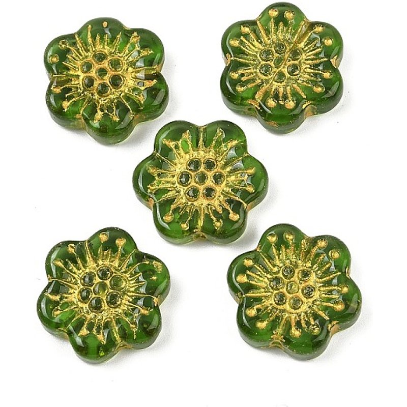Perles en verre émaillées de peinture à cuire et métal doré, fleur, olive drab — Perles à bijoux