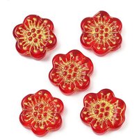 Perles en verre fleuries rouges avec peinture de cuisson et métal doré — Perles à bijoux