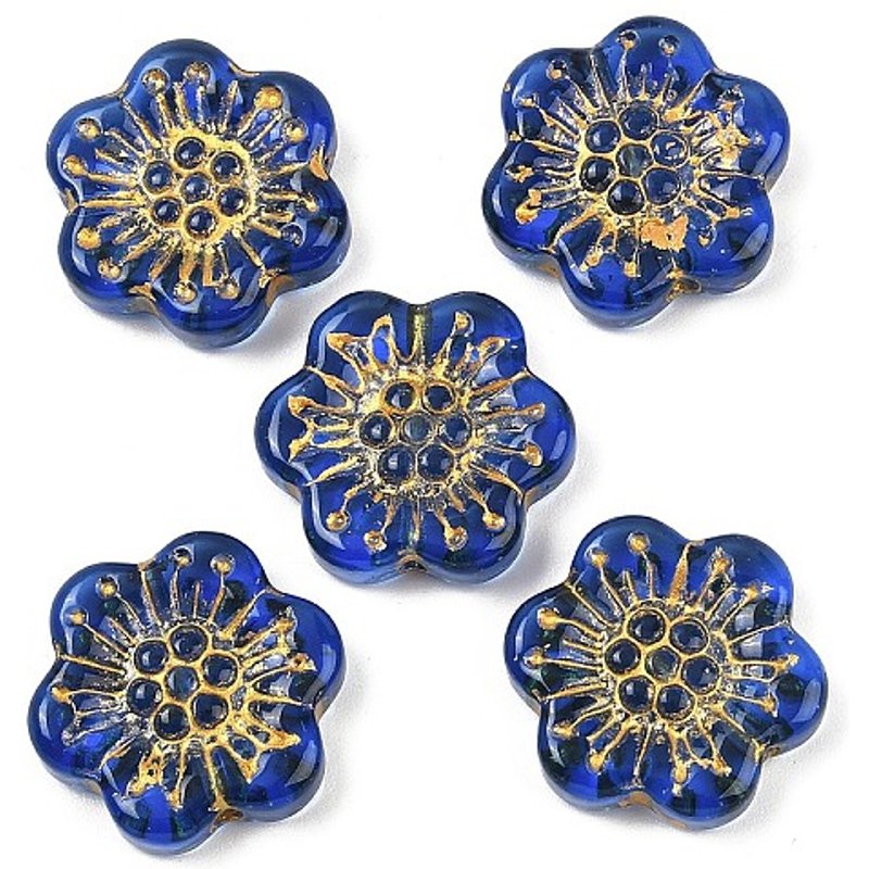 Baking Paint and Golden Metal Enlaced Glass Beads, Flower, Dark Blue — Jewelry Beads