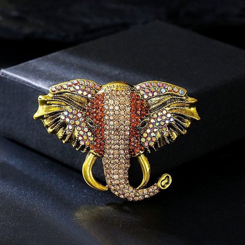 Alloy Rhinestone Elephant Brooch, Antique Golden Lapel Pin — Brooches