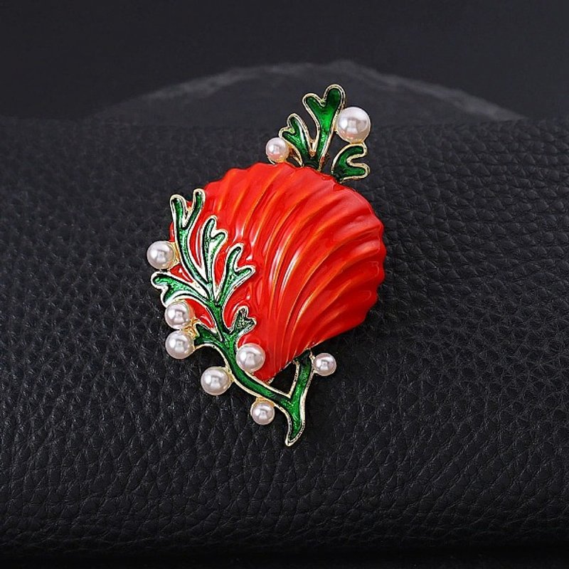 Broche en Émail Plastique Perle, Forme de Coquillage, Rouge, 44x54.5mm — Broches