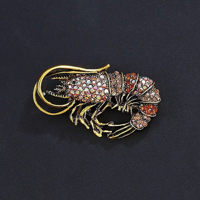 Broche en alliage de strass, épingle de revers en forme de crevette dorée antique — Broches