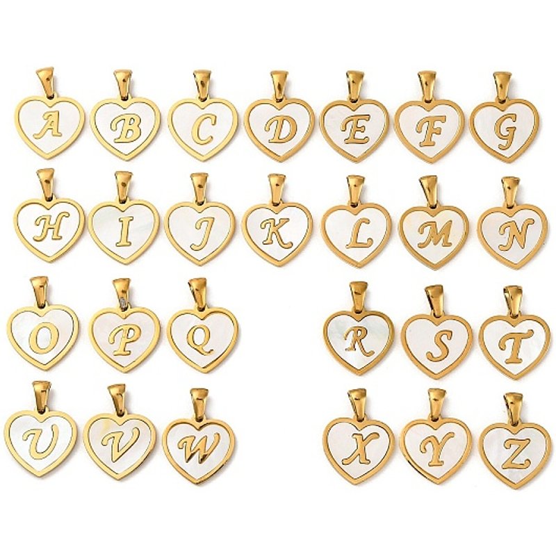 Natural Shell Heart Initial Letter Pendants with Stainless Steel Findings — Charms & Pendants