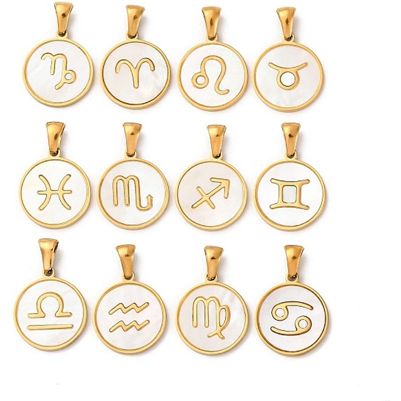 Pendants Ronds en Coquillage Naturel avec Douze Constellations, Doré — Breloques et pendentifs