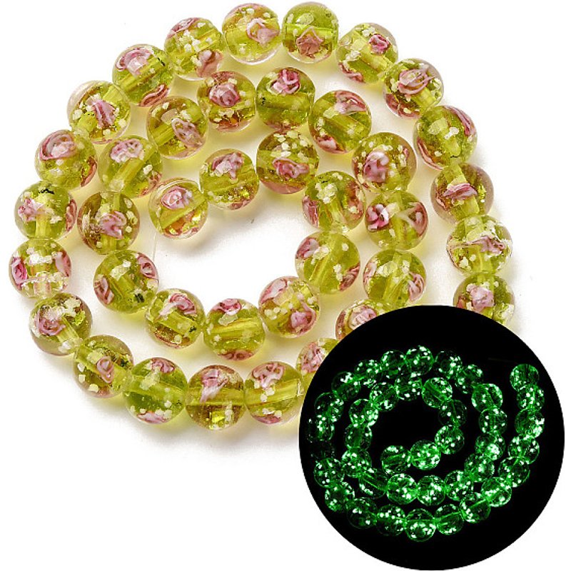 Brins de Perles Lampwork Glod Sand Faits à la Main, Ronds avec Rose — Perles à bijoux