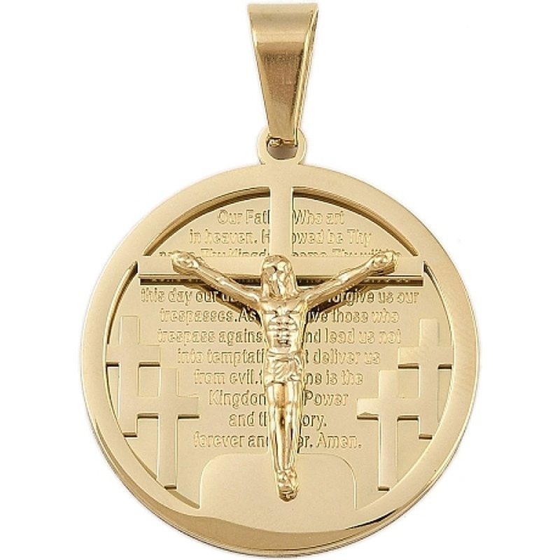 Jesus Theme 304 Stainless Steel Flat Round Pendant, Gold Plated — Charms & Pendants