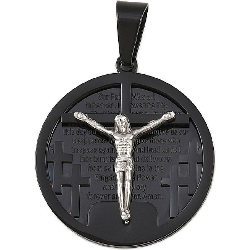 Pendentif rond plat noir en acier inoxydable thème Jésus — Breloques et pendentifs