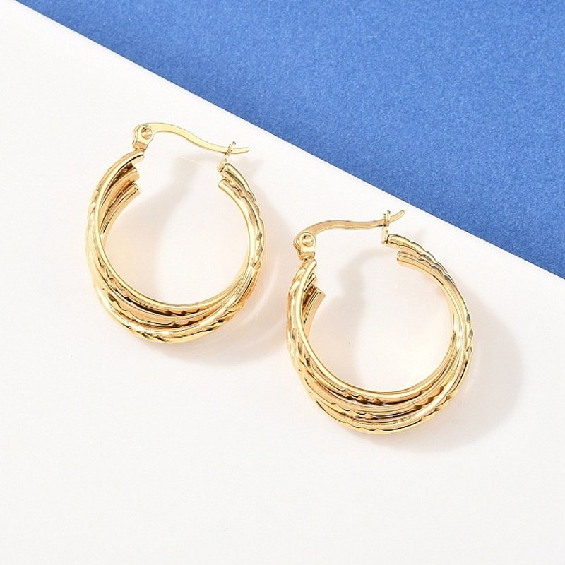304 Stainless Steel Triple Twist Ring Stud Earrings, 18K Gold Plated — Costume Jewelry