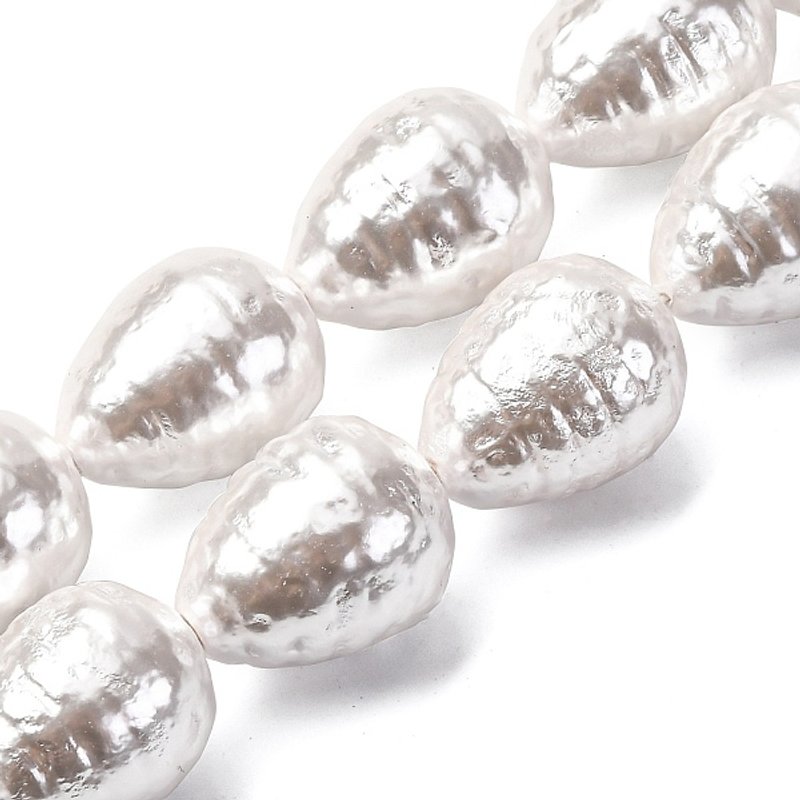 Electroplated Shell Pearl Beads Strands, Textured Teardrop, White — Jewelry Beads