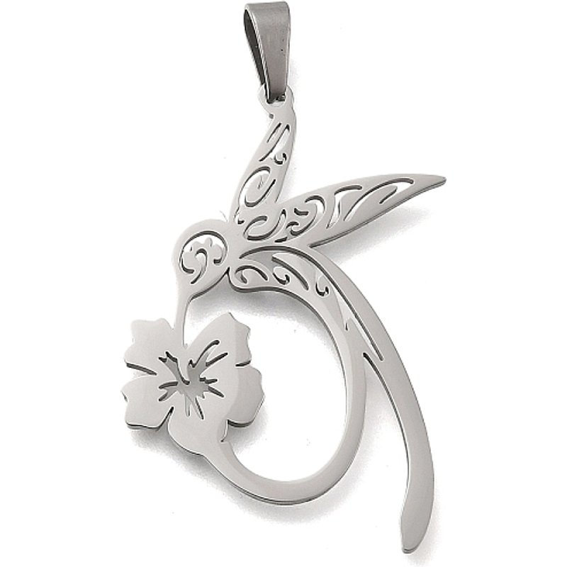 Pendentif en Acier Inoxydable 304, Colibri avec Charm de Fleur — Breloques et pendentifs