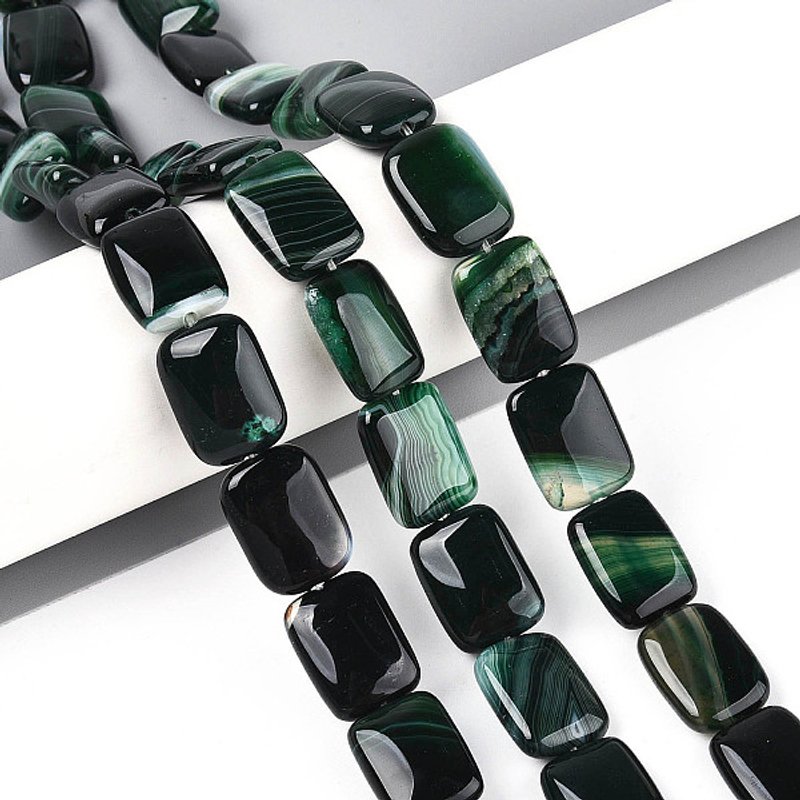 Brins de perles en agate naturelle teintée, vert foncé, rectangle, 22pcs — Perles à bijoux